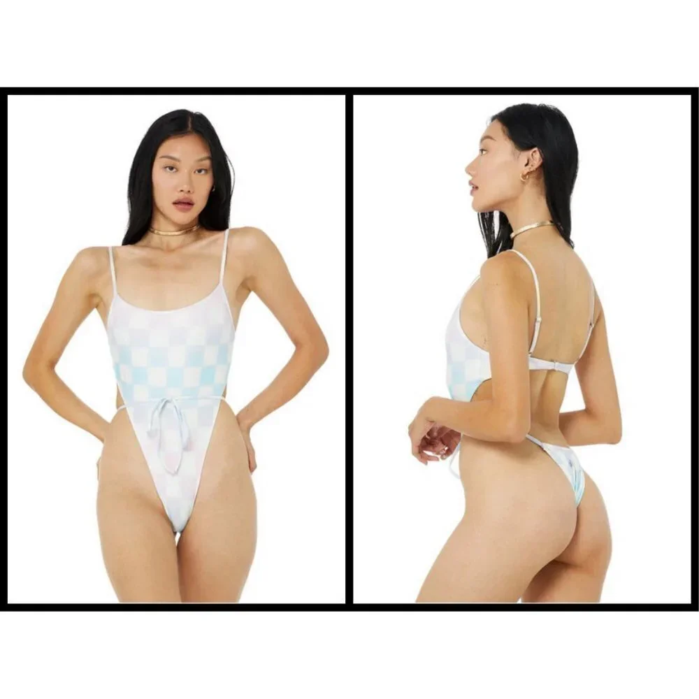 💕ALO x FRANKIES BIKINIS💕 Croft One Piece Swimsuit ~ Pastel Checker Large L NWT